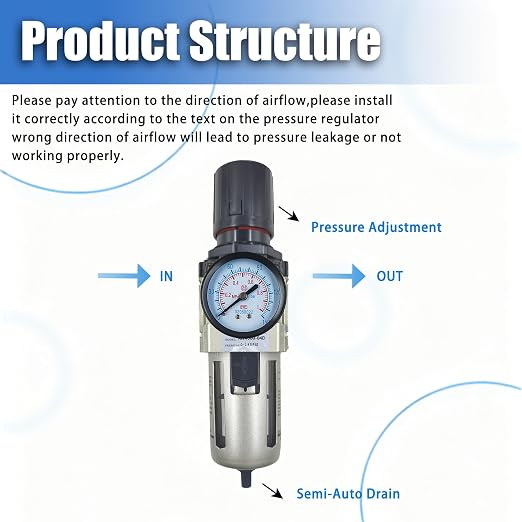 HengMinLingTong 1/2" NPT Compressed Air Filter Regulator Combo Piggyback - Image 3