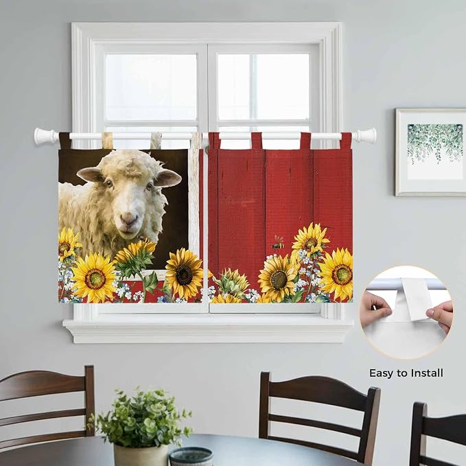 Sheep Flowers Kitchen Curtains 24 Inch Length, Small Window Curtains Tab Top - Image 4