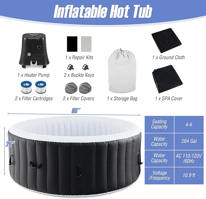 Goplus Inflatable Hot Tub, 4-6 Person Blowup Pool Hottub w/130 Air Jets, Heater Pump, Filter Cartridges, Insulated Cover, Ground Cloth, Portable Outdoor Water SPA (80’’ Round, 4-6 Person)