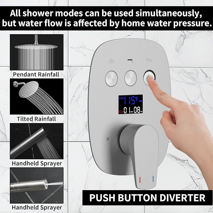 Brushed Nickel Shower System 3-Function Ceiling Shower Faucet Set with 12" and 8" Rainfall Dual Shower Head and Handheld Shower with Adjustable Slide Bar, Full Body Shower System Fixture