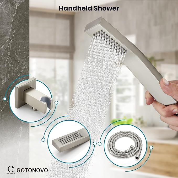 gotonovo Shower System with Tub Spout Wall Mounted Rain Shower Head and Handle Combo Shower Faucet Set with Valve, 8 Inch, Brushed Nickel