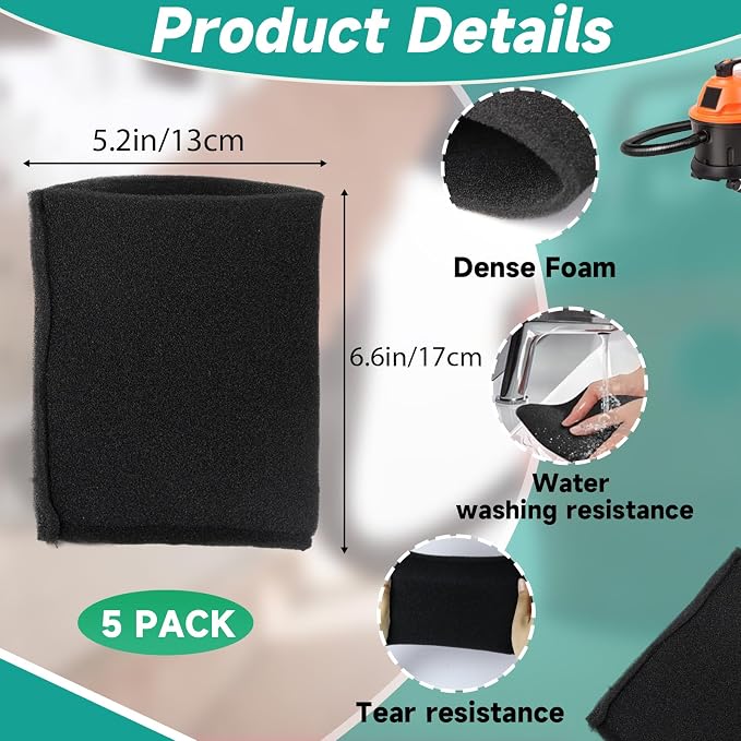 5 Pack VFF21 Foam Filters Fit for Vacmaster 2.5-5 Gallon Wet/Dry Vacs & Armor - Image 3