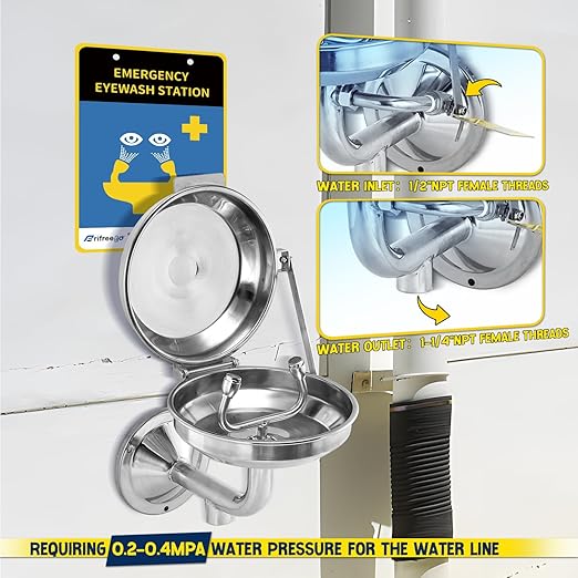 Eye Wash Station with Cover, Wall Mount Eyewash Station OSAH Approved, Stainless Steel Plumbing Eye Washing Unit, with Dual Spray & Mirror, NPT Threaded, Industrial& Commercial Grade Eye Wash Station