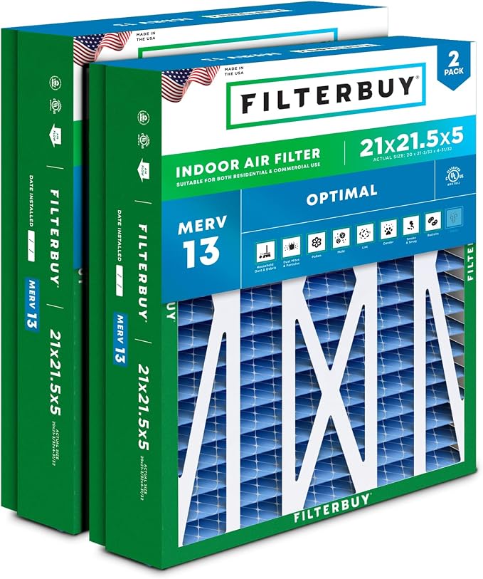 Filterbuy 21x21.5x5 Air Filter MERV 13 Optimal Smoke & Allergy Defense by Filterbuy