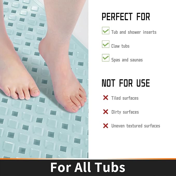 Yimobra Bathtub Mat Non Slip, Super Strong Suction Cups, 27.5"x15.5" Long Shower Mat with Drain Holes, Machine Washable Fast Draining Bath Mats, Bathroom Essentials,Mint Green