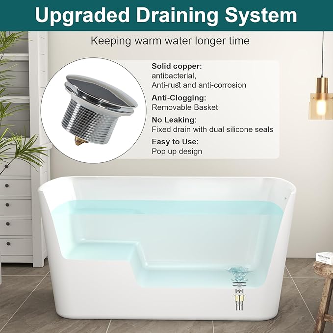 49" Acrylic Freestanding Soaking Tub w/Seat- Contemporary Design with Toe-Tap Drain & Brushed Nickel Overflow - 55 Gal, cUPC Certified