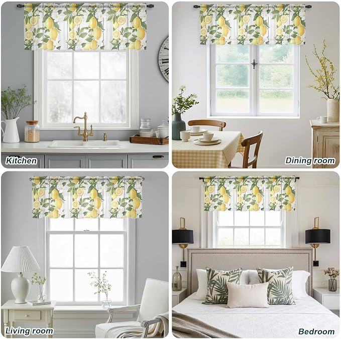 Spring Summer Lemon Sheer Valance Curtains, Leaf Flower White Wood Grain Light - Image 9
