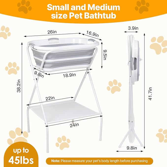 2 in 1 Dog Bath Tub Dog Washing Station with Bath Brush for Bathing and Grooming, Elevated Collapsible Foldable Portable Shower Bathtub for Small Dogs Cats Pet with Scrubber
