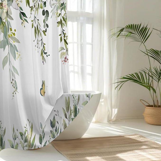No Hook Shower Curtain and Liner Set, Sage Green Eucalyptus Floral Shower Curtains for Bathroom, Bath Curtain Sets with Snap in Liner, Waterproof with See Through Top Window, 71x74 Inches