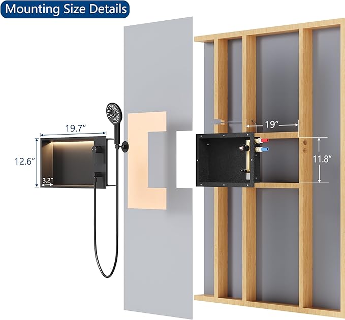 Shower Niche with Round Hand Shower, and LED Light in Matte Black/Horizontal