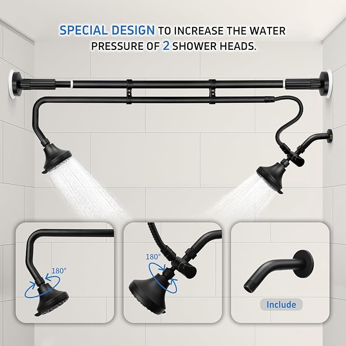 Tandem Shower Heads, Double Shower Head for Couples, Dual Shower Head System for Two People, High Pressure and Adjustable Double Shower Heads (Black)
