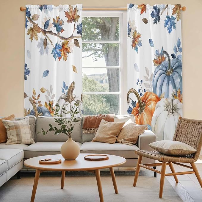Navy Blue Pumpkin Fall Window Curtains 72 Inch Long 2 Panel Set, Rod Pocket - Image 3
