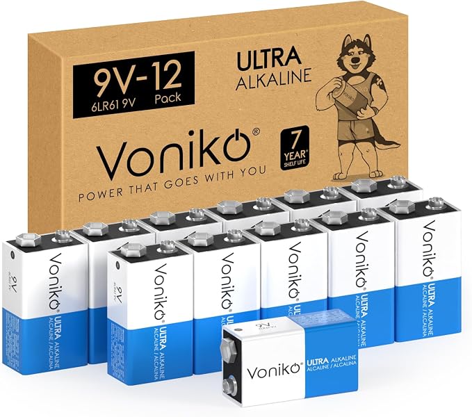 Voniko 12-Pack 9V Batteries, Long-Lasting 9 Volt Battery by Voniko