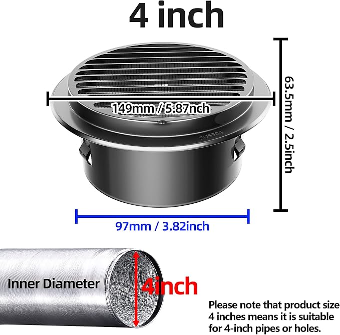 4" in Heavy Duty Thickened 304 Stainless Steel Air Vent Cover Louvered Grille - Image 2