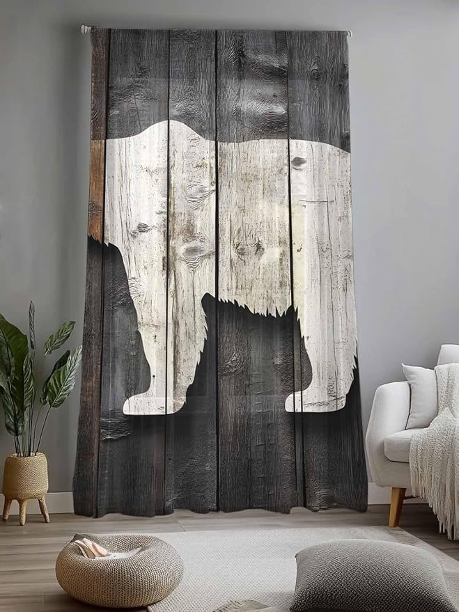 Sheer Curtains 108 Inches Long, Vintage White Brown Bear Semi Sheer Curtains - Image 2