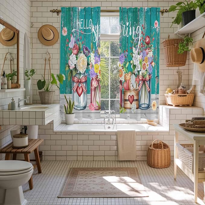 Spring Flowers Kitchen Curtains, Farmhouse Watercolor Teal Wood Grain Light - Image 5