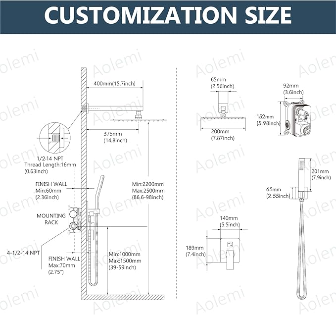 Aolemi Shower Faucet Set Rain Shower System with Handheld Spray Bathroom Shower Combo Rough-in Valve and Shower Trim Kit Included Brushed Gold 8 Inch Wall Mount Shower Head