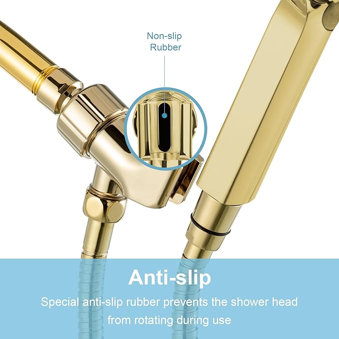 OFFO Shower Head Holder with Solid Metal Ball for Handheld Shower Head Gold, Adjustable Shower Arm Mount for Connecting Shower Arm and Shower Hose, 1/2 in IPS Female Inlet and Male Outlet