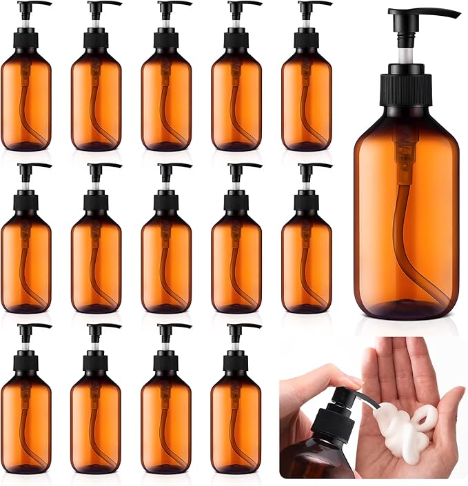 Uiifan 16 Pcs 8.5 oz Amber Foaming Soap Dispenser Refillable Foam Pump Bottle Liquid Plastic Container for Kitchen Bathroom Commercial Concentrated or Regular Shampoo Body Wash Dish Liquid Soap