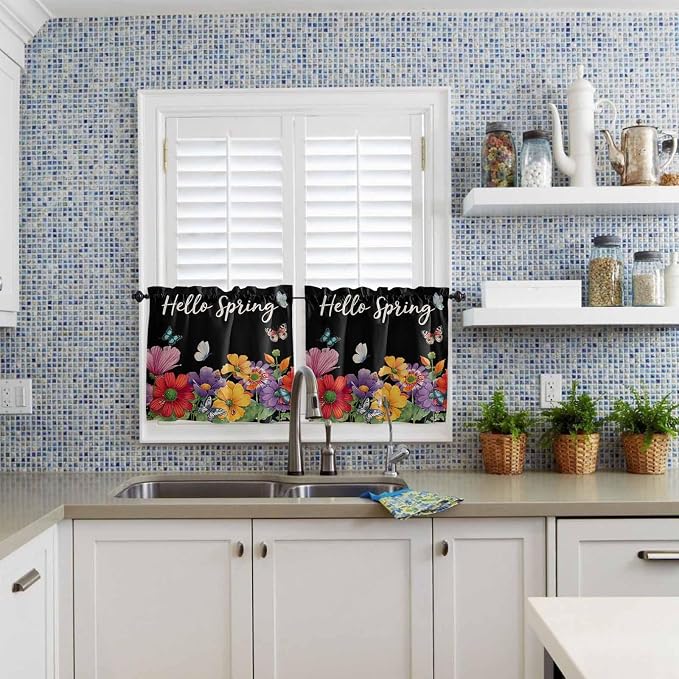 Spring Flowers Half Window Curtains 24 Inches Long, Watercolor Country Colorful - Image 2