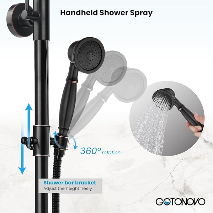 gotonovo Exposed Bathroom Shower System Classic Shower Kit 8 Inch Luxurious Rainfall Shower Head Handheld Spray Tub Filler Brass Pipe 3-Function Wall Mount Double Cross Knobs Oil Rubbed Bronze