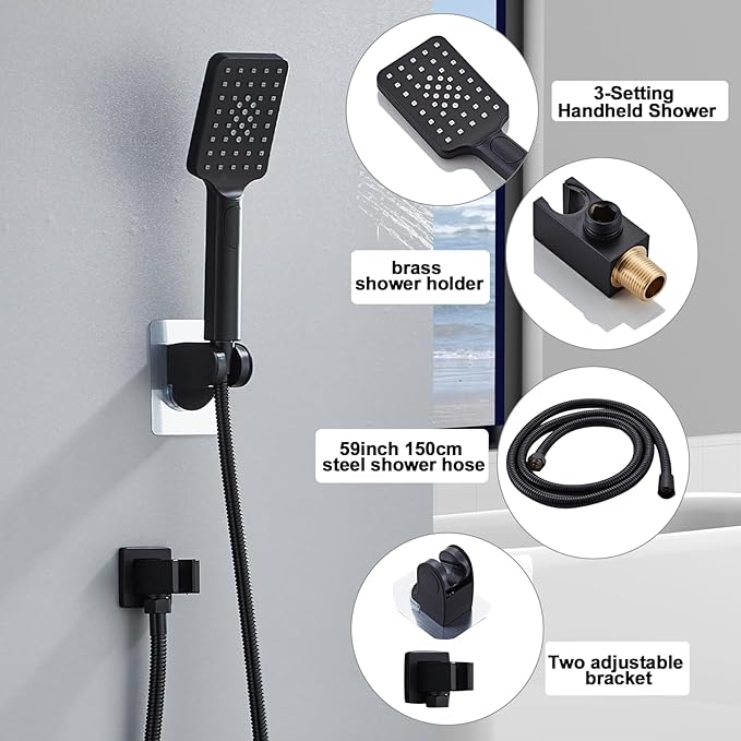 8 Inch Shower Faucet Set Ceiling Mount, High Pressure Rainfall Shower System Square Rain Shower Head with Handheld Spray Combo, Ceiling Luxury Rainfall Shower Fixtures Matte Black (3-Setting)