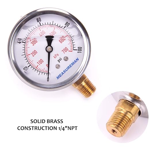 MEASUREMAN Pressure Gauge 1/4 NPT, 0-100psi/kPa Glycerin Filled Pressure Gauge - Image 3