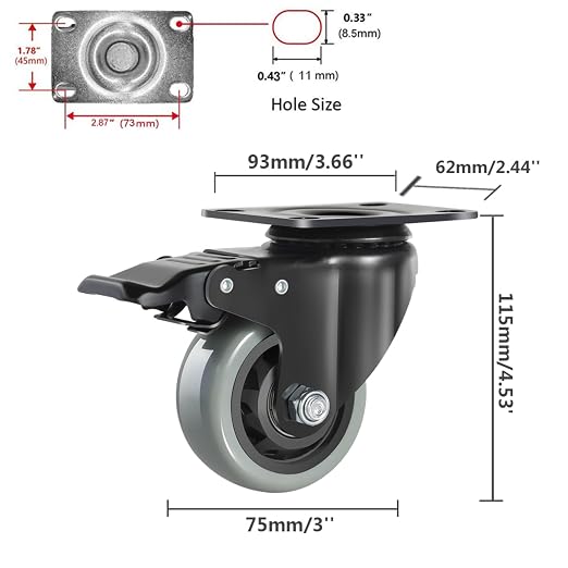 3 Inch Caster Wheels, Silent Polyurethane Top Plate Castor Wheels - Image 2
