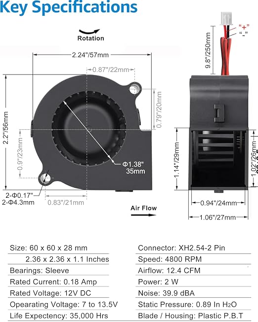 GDSTIME 6028 Blower 12V DC Brushless Cooling Fan 2-Pin, 60mm x 28mm Computer - Image 2