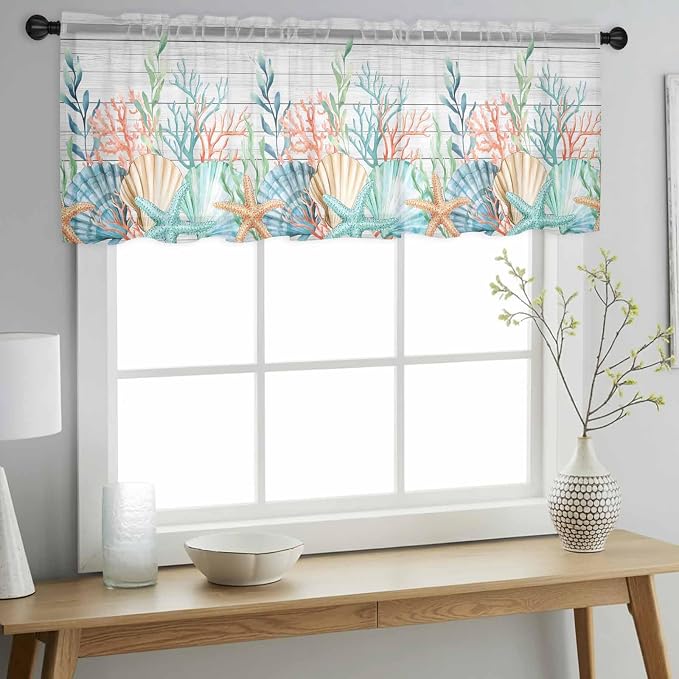 Summer Beach Sheer Valance Curtains, Ocean Colorful Coral Shell Seaweed - Image 3