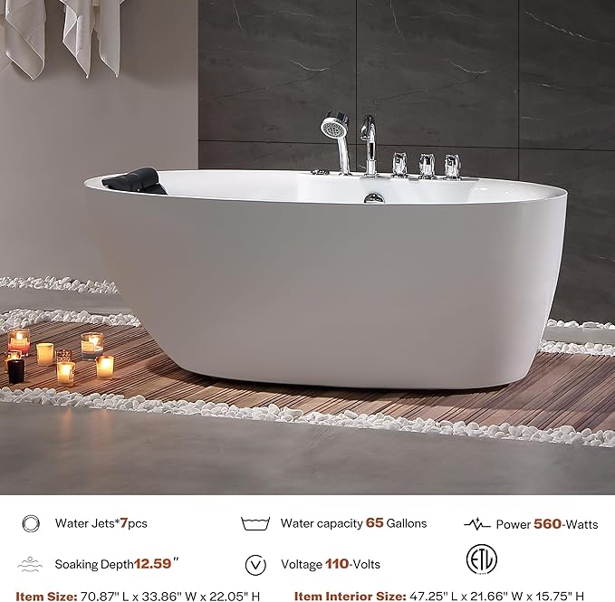 Empava 71 inch Acrylic Freestanding Tub Hydromassage Gracefully Oval Shaped Whirlpool 7 Water Jets Soaking SPA, Double-Ended Massage Bathtub with Black Pillow, Boat Shape,ETL Certified