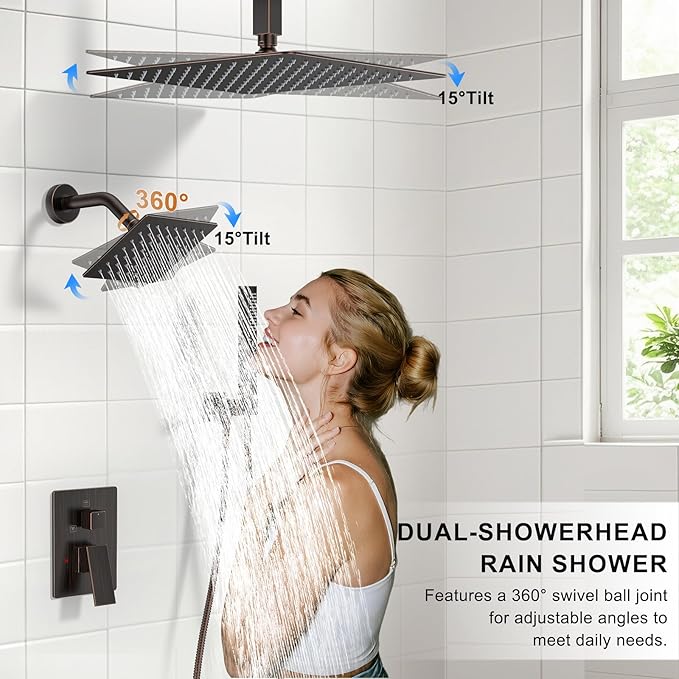 Shower Faucet Set, Ceiling Mount Shower System 12"+6" Dual Shower Head Set with 2 in 1 Handheld Spray Rain Shower Heads with Rough-in Valve and Shower Trim Kit, Oil Rubbed Bronze