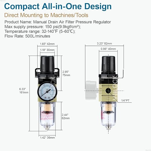 1/4" NPT Air Compressor Filter Regulator Combo, Water Separator Air Pressure - Image 4