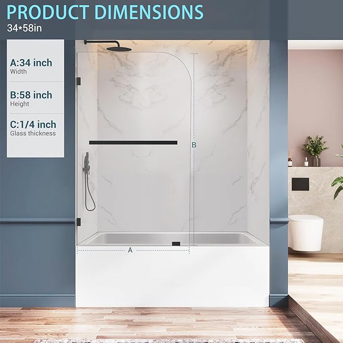 Bathtub Shower Door, 34" W X 58" H Fixed Bathtub Shower Glass Panel in Matte Black, 1/4"(6mm) Clear Tempered Frameless Shower Glass Door, Tub Shower Panel with Clamps and Handle