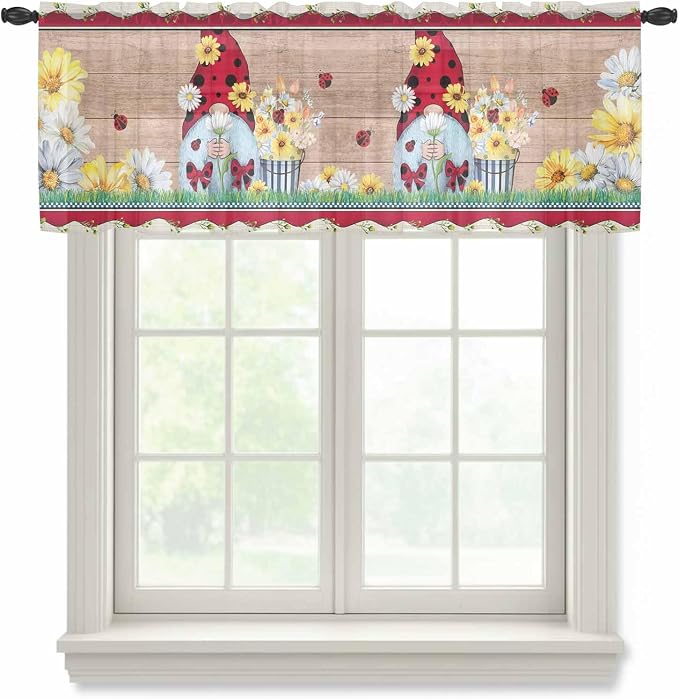 Ladybug Gnome Sheer Valance Curtains, Country Summer Rustic White Yellow Daisy by Houseown