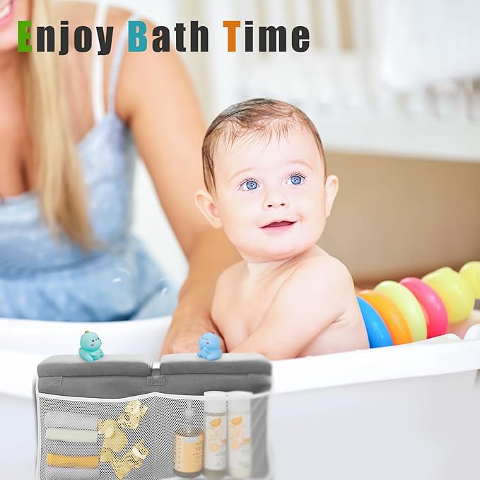 KJR Bath Kneeler and Elbow Rest Pad Set for Baby Bathing, Thick Quick Drying Memory Foam Kneeling Mat with Toy Organizer Pockets, Comfortable Non Slip Bathtub Knee Saver Support for Knees, Arms（Gray）