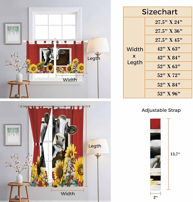 Cows Sunflowers Living Room Curtains 96 Inch Length, Window Curtains Tab Top - Image 8