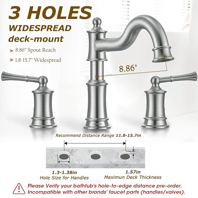 Roman Bathtub Faucet Deck Mount Tub Faucet for Bathroom Widespread Elegant Classic Spout with 3 Holes 2 Handle Valve Cartridge Included, Brush Nickel
