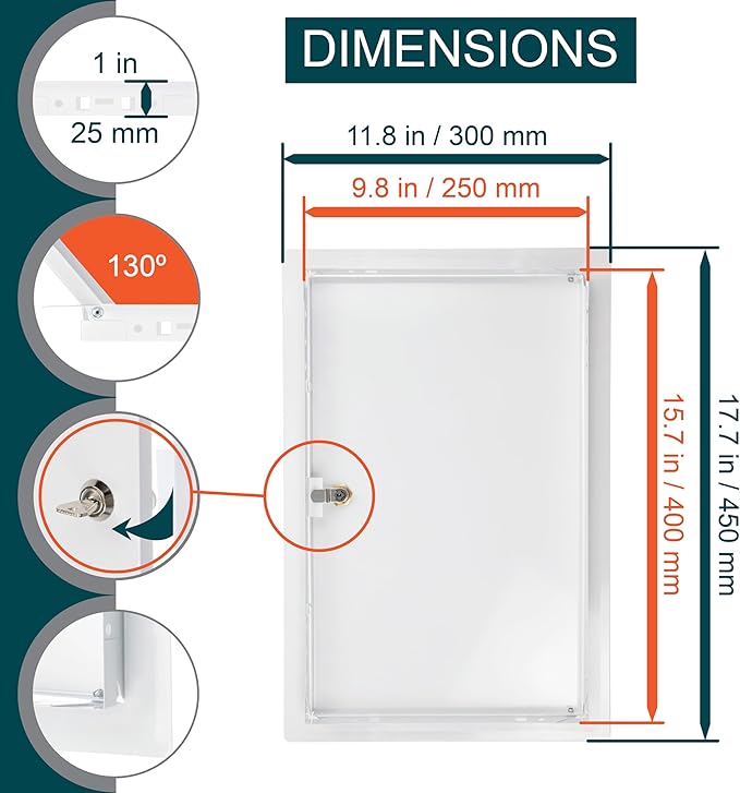 10" x 16" Lockable White Metal Access Panel - Service Shaft Door with Key - Plumbing, Electricity, Heating, Alarm Wall Access Hole Cover for Bathroom Services