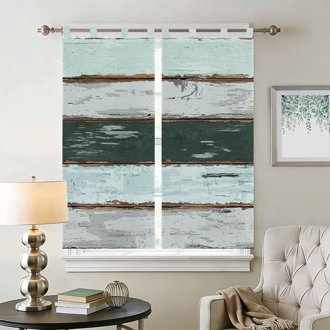 Blue Teal Bathroom Curtains 63 Inch Length, Window Curtains Tab Top, Vintage - Image 2