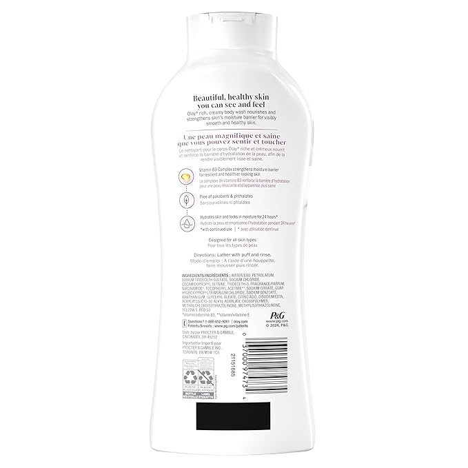 Olay Body Wash for Women, Age Defying with Vitamin E, 24hr Moisturizing, Hydrating & Refreshing, B3 Vitamin Complex, Free of Parabens & Phthalates, For All Skin Types, Scented, 22 fl oz (Pack of 2)