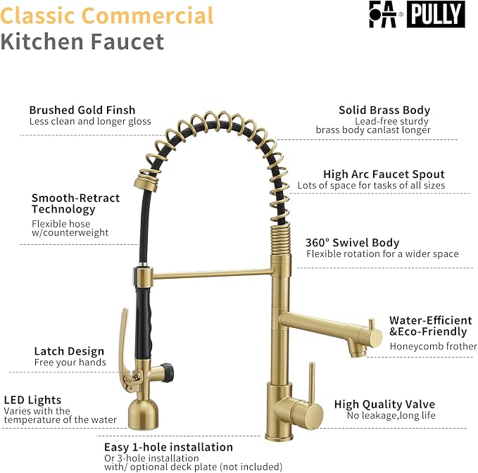 Fapully Single Handle High Arc Brushed Gold Pull Down Kitchen Faucet LED - Image 8