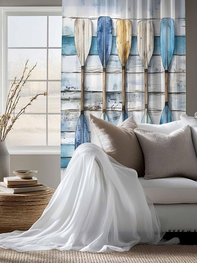 Sheer Curtains 63 Inch Length, Lake Paddle Striped Semi Sheer Curtains Light - Image 4
