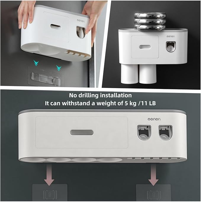 No-Drill Wall Mounted Toothbrush Holder, Bathroom Shelf, with Automatic Toothpaste Dispensers 6 Brush Hooks Magnetic Cups 1 Cosmetic Drawer Organizer and Large Storage (2 Dispensers 3 Cups)