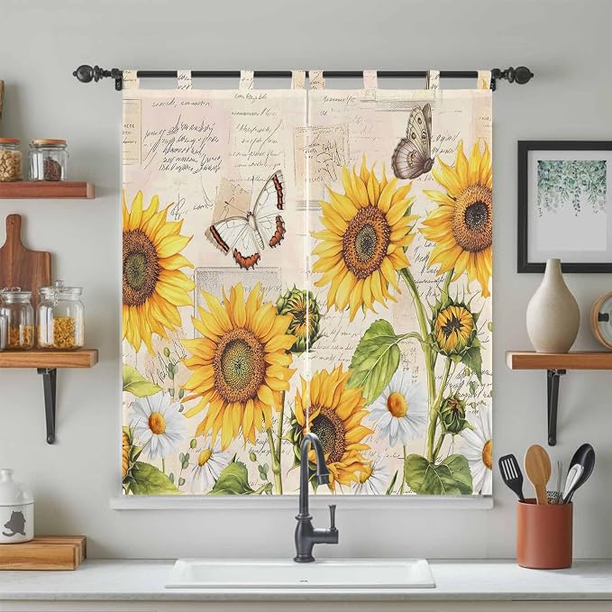 Yellow Sunflowers Bathroom Curtains 63 Inch Length, Window Curtains Tab Top - Image 3