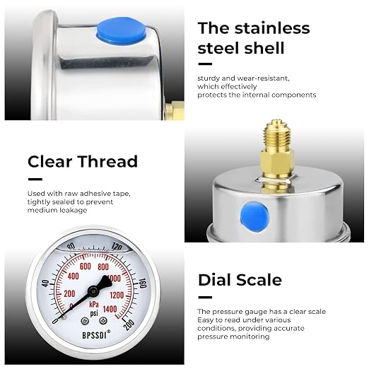 0-200 Psi Glycerin Liquid Filled Low Pressure Gauge, 2.5" Dial Size, 1/4" G - Image 7