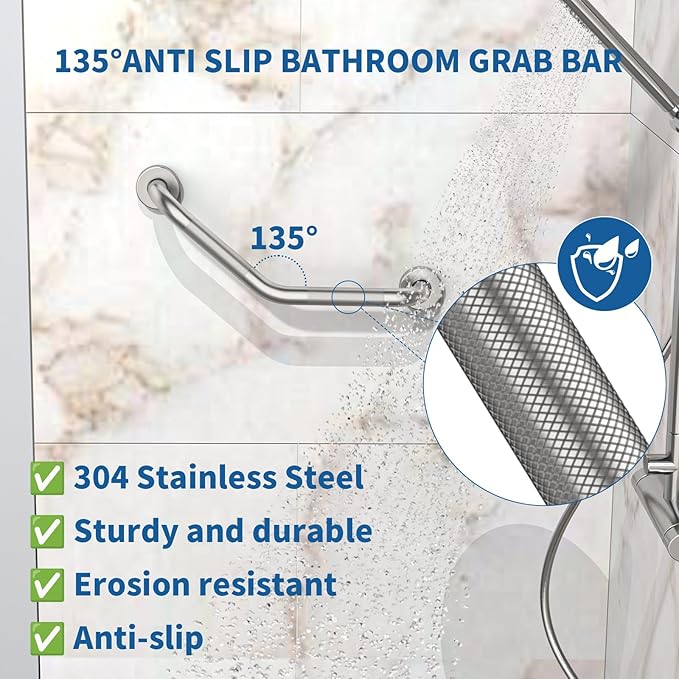16 Inch Angled Shower Grab Bar, Munzong 2 Pack Anti Slip Satin Brushed Nickel Bathroom Grab Bar, Knurled Bathroom Balance Bar,Safety Hand Rail Support Handicap Elderly Injury Senior Assist Bath Handle