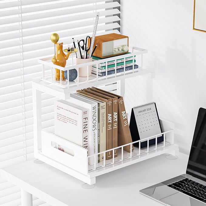 Under Sink Organizer, Heavy Duty Metal Pull Out Cabinet Organizer Slide Out Sink Shelf Organizer Height Adjustable, Multi-Purpose Storage Shelf for Kitchen Bathroom (White,1Pack)