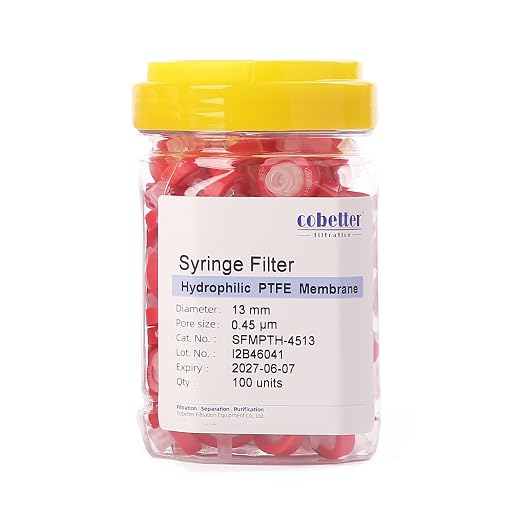 100 Pack Syringe Filter PTFE hydrophilic Lab Filters 0.45μm Pore Size 13mm by COBETTER