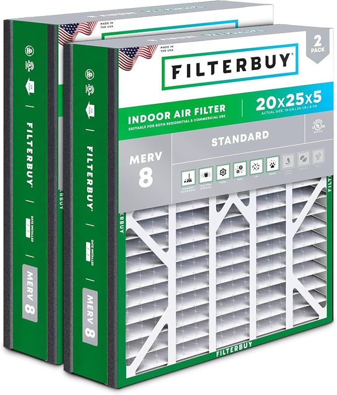 Filterbuy 20x25x5 Air Filter MERV 8 Essential Dust & Allergy Defense, Pleated by Filterbuy
